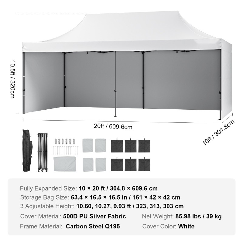 Paviljonkiteltta 500D polyuretaanipinnoitettu kangas 3,05×6,10 m valkoinen irrotettavat sivuseinät säilytyspussi