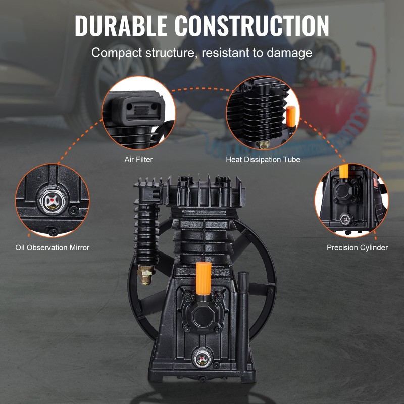 Kompressoripää öljyvoideltu hihnakäyttöinen 3 hv kaksoissylinterinen 164 l/min 8 bar