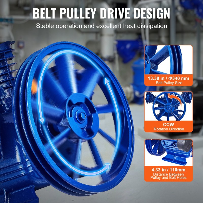 Ilmakompressorin 3-sylinterinen öljyvoitu valurunkoinen pumppupää 10 hv 409 l/min 185 psi