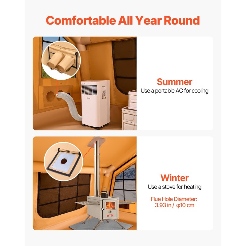 Ilmatäytteinen polyesteripuuvillateltta 8–12 hengelle neljän vuodenajan kamiinavarauksella