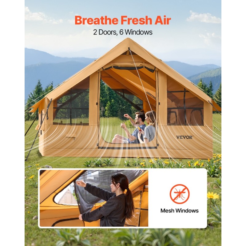 Täytettävä teltta polyesteripuuvillaa 5–8 hengelle markiisilla ja kahdella kattoikkunalla