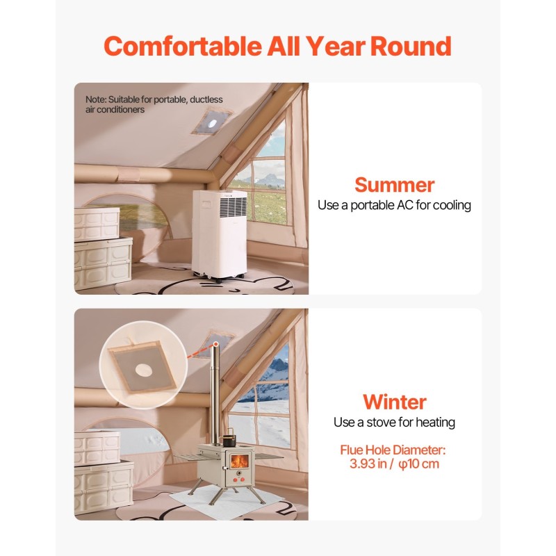 Ilmatäytteinen retkeilyteltta 3–5 hengelle 300D Oxford neljän vuodenajan kamiinavarauksella