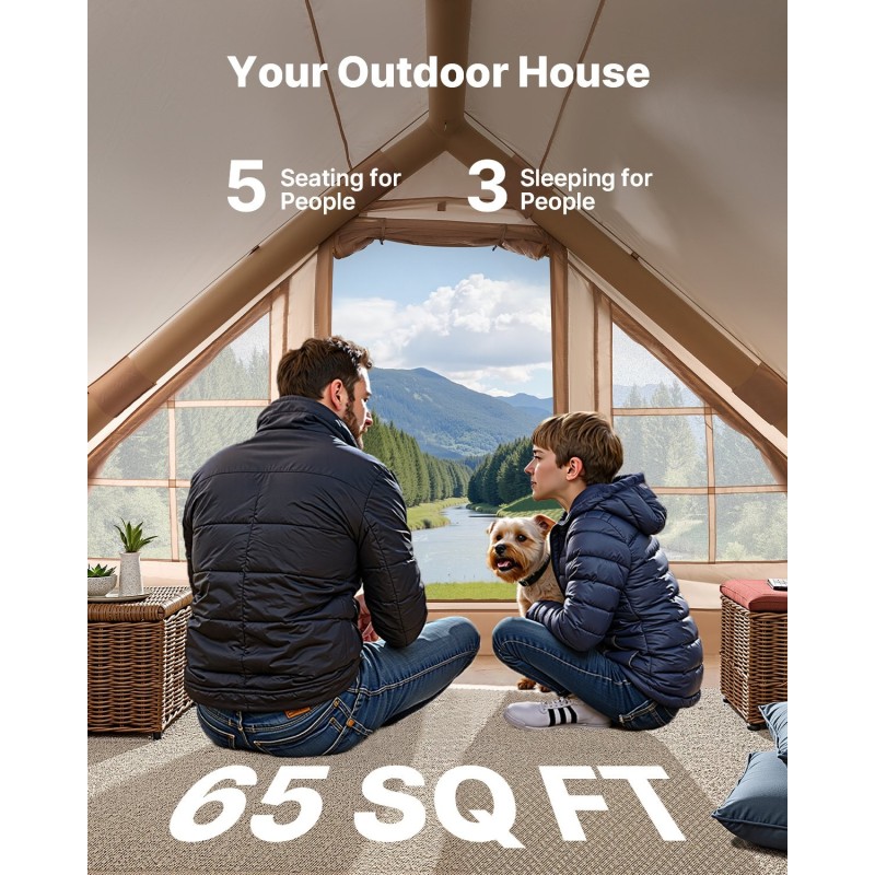 Ilmatäytteinen retkiteltta 300D oxford-kangas 3–5 hengelle käsipumpulla katoksella kamiinaventtiilillä