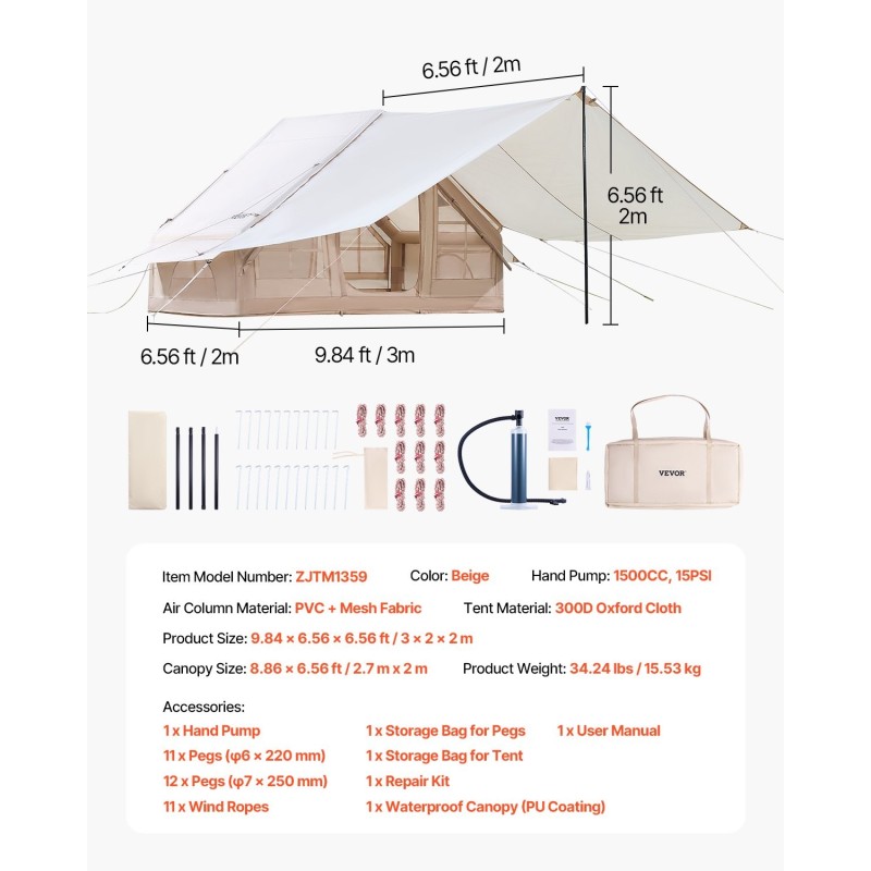 Ilmatäytteinen retkiteltta 300D oxford-kangas 3–5 hengelle käsipumpulla katoksella kamiinaventtiilillä