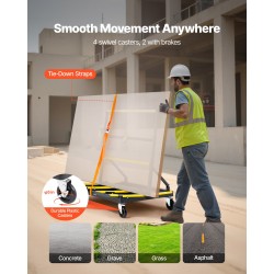 Kipsilevykärry teräsrunko 816 kg kuorma taitettava säädettävä lastausalusta neljä kääntyvää pyörää sidontahihna