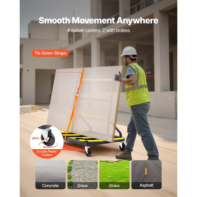 Kipsilevykärry teräsrunko 816 kg kuorma taitettava säädettävä lastausalusta neljä kääntyvää pyörää sidontahihna