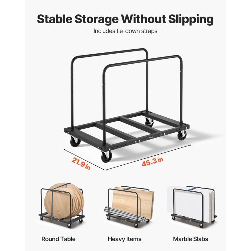 Kuivalevyjen kuljetuskärry teräspohjainen 816,5 kg kantavuus sidontavyöllä ja kaksi sivukaidetta