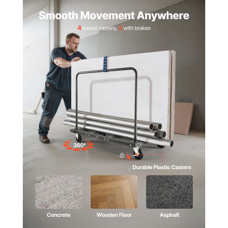 Kuivalevyjen kuljetuskärry teräspohjainen 816,5 kg kantavuus sidontavyöllä ja kaksi sivukaidetta