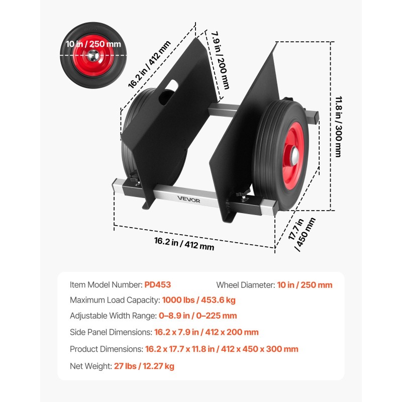 Paneelivaunu teräsrunko 453,6 kg kantavuus 25 cm kumipyörillä säädettävällä puristimella