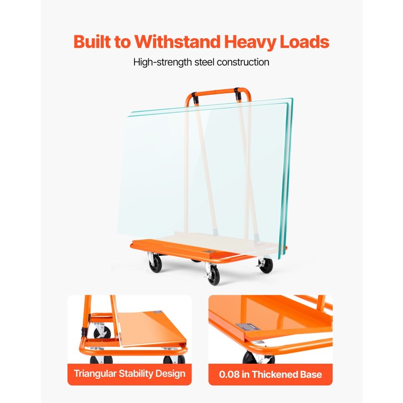 Levyvaunu teräsrunkoinen 816,5 kilogramman kantavuudella neljä kääntyvää pyörää kiristettävä sidontaliina levymateriaaleille