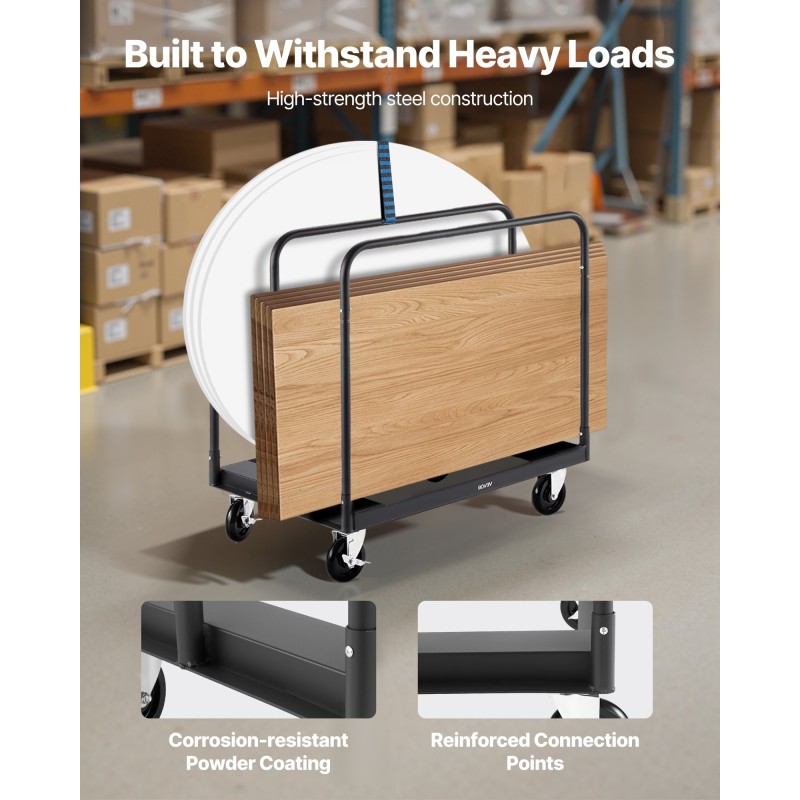 Kuivalevyvaunu teräsrunko 816,5 kilogramman kantavuus 12,5 millimetrin kääntöpyörillä sidontaliinalla ja kolmella sivukaiteella