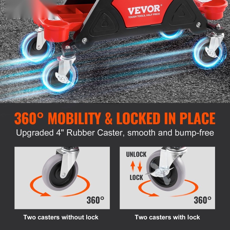 Mekaanikon rullaistuin 136 kilogramman kantavuus 4 tuuman pyörät kolme ulosvedettävää lokeroa