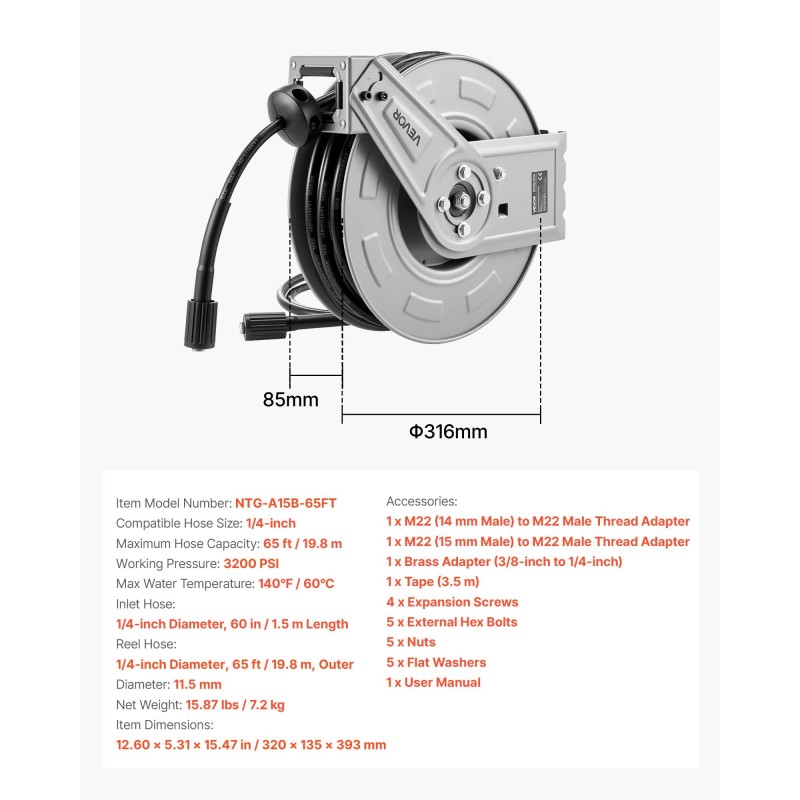 Teräksinen painepesurin letkukela 19,8 m 11,5 mm 3200 PSI
