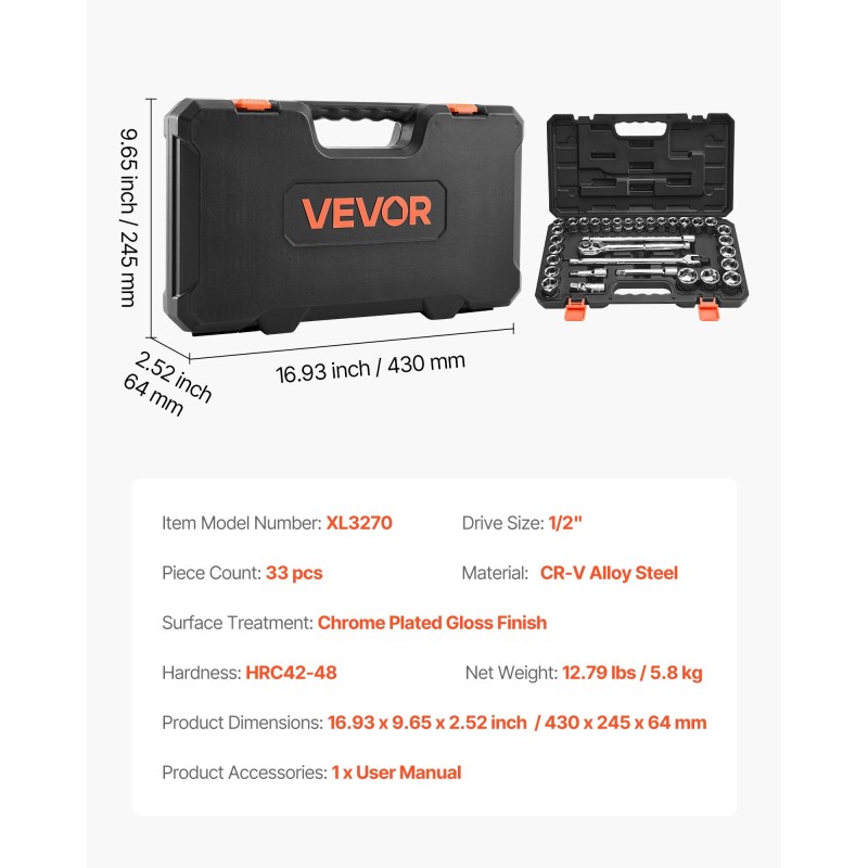Hylsysarja 33-osainen 1/2-tuumainen 12,7 mm CR-V-seosteräs SAE ja metrinen