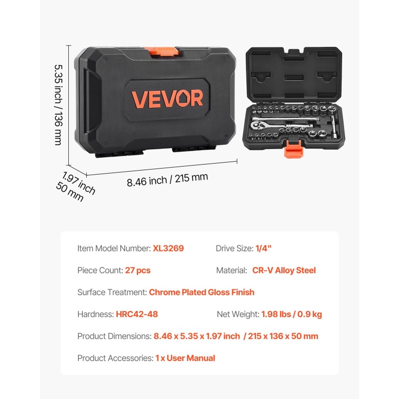 Hylsysarja 27-osainen 1/4-tuuma 6,35 mm CR-V-seosteräs auto- ja yleiskorjauksiin