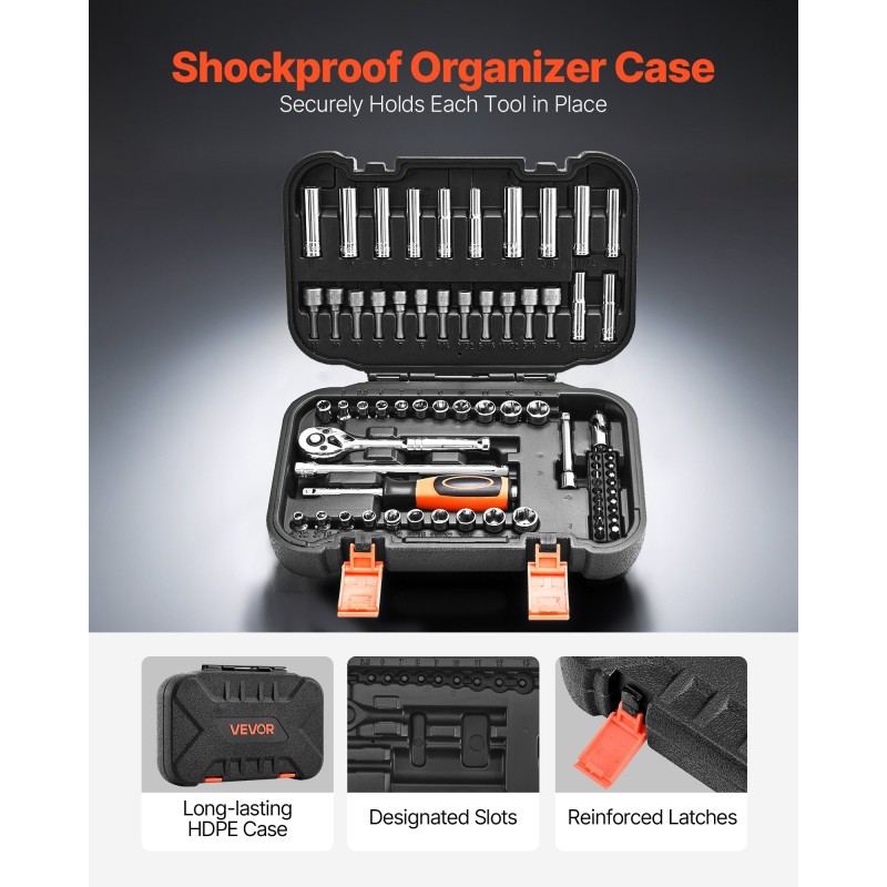 Hylsy- ja räikkäsarja 70 osaa 1/4 tuuma 6,4 mm CR-V-seosteräksestä