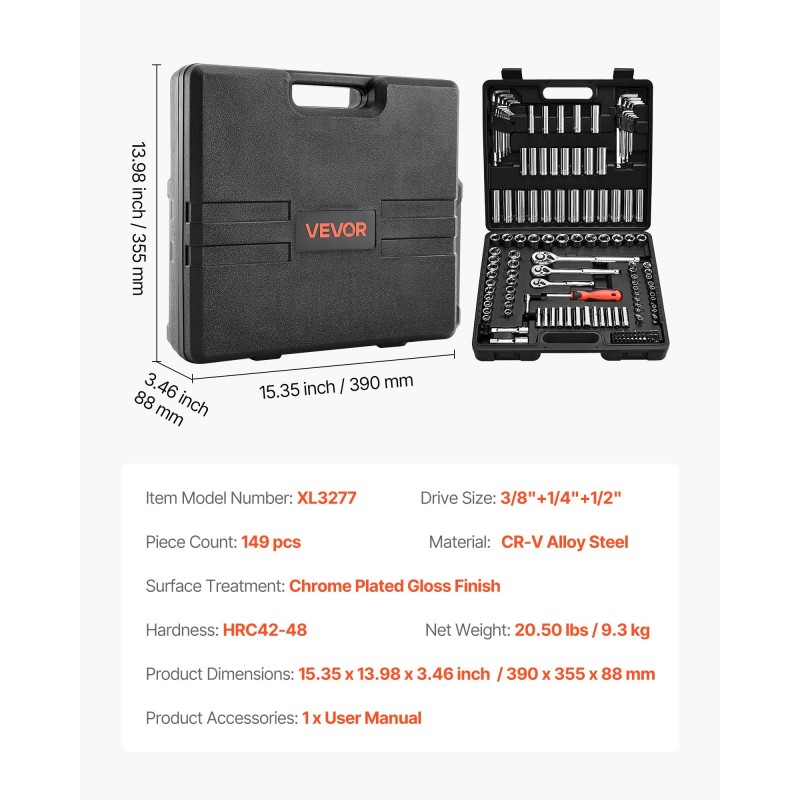 Hylsysarja 149 osaa CR-V seosteräs 1/4 3/8 1/2 tuuma- ja metrisiä kokoja
