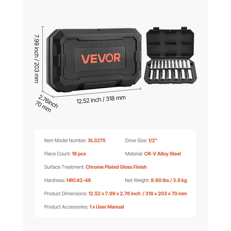 Hylsysarja 18-osainen CR-V-seosteräs kromipinnoitettu 10–27 mm 12,7 mm vetoneliö autonhuoltoon säilytyskotelolla