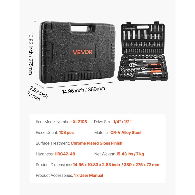 Hylsysarja CR-V-seosteräs 108 osaa 4–32 mm 6,4 ja 12,7 mm vetoon autohuoltoon