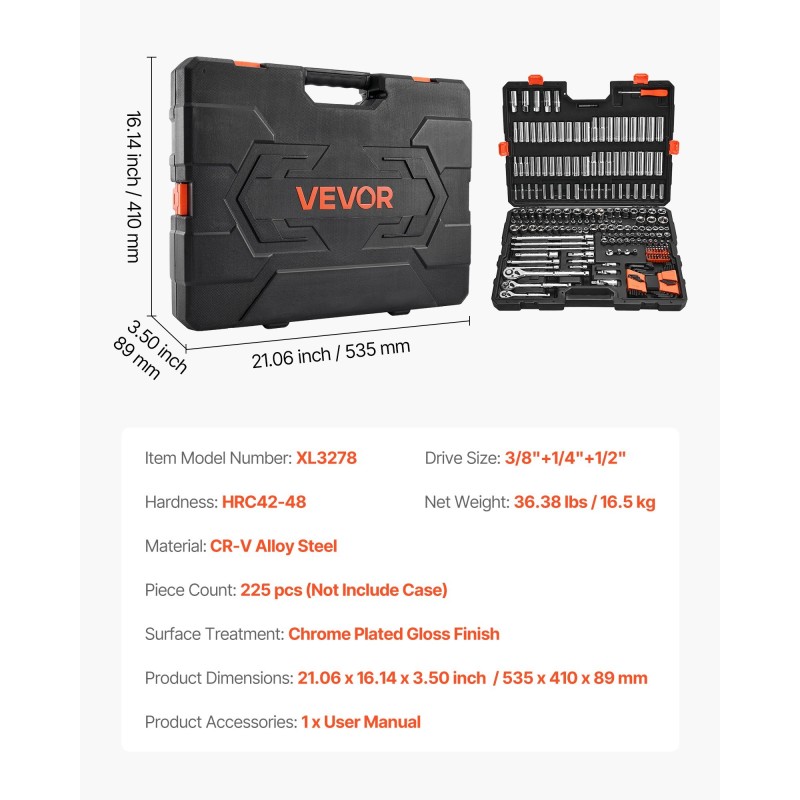 Hylsysarja 225 osaa CR-V-seosteräksestä 1/4 3/8 ja 1/2 tuuman vetokoko