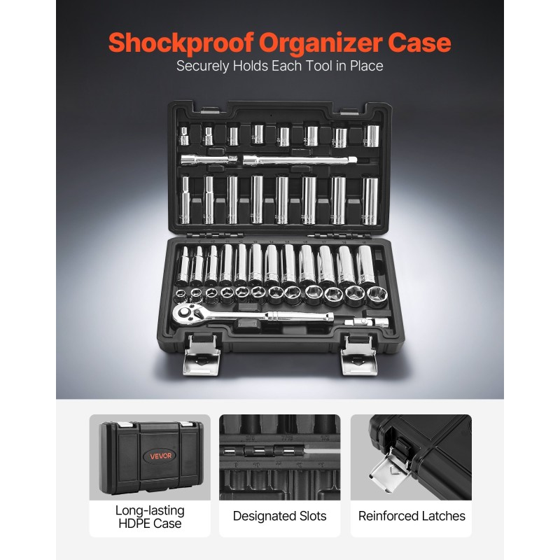 Hylsysarja 44 osaa kromivanadiiniseosteräs 9,5 mm veto tuuma- ja metrikoossa säilytyskotelolla