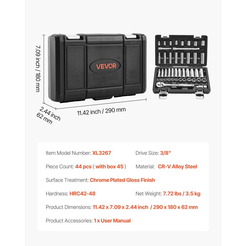 Hylsysarja 44 osaa kromivanadiiniseosteräs 9,5 mm veto tuuma- ja metrikoossa säilytyskotelolla