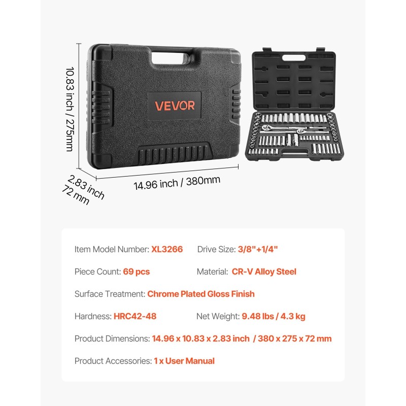 Hylsy- ja räikkäsarja 69 osaa seosteräksinen 9,5 ja 6,4 mm autohuoltoon