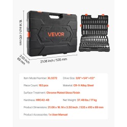 163-osainen hylsy- ja työkalusarja kromipinnoitettu CR-V-seosteräs 6,35 9,53 12,7 mm