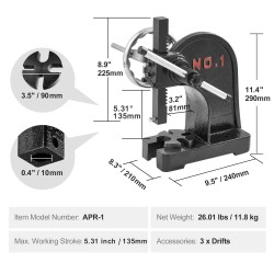 Pöytämallinen valurautainen käsiprässi 150 mm isku puristus ja muovaustöihin