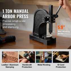 Käsikäyttöinen pöytätelinepuristin yksi tonni valurautarunko viidentoista senttimetrin maksimikorkeus säädettävä kahva