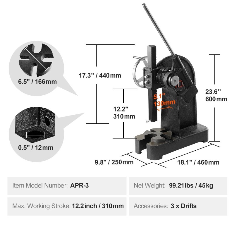 Pöytämallinen valurautainen puristin räikkämekanismilla 3 tonnia 310 mm