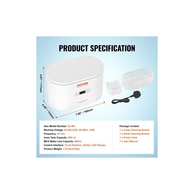 Ultraäänipesuri 625 ml kosketusohjauksella kompakti korujen silmälasien ja kellojen puhdistukseen