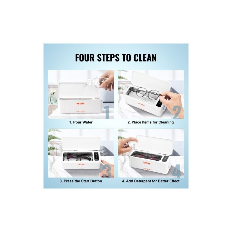 Ultraäänipuhdistin 470 ml kompakti 4 ajastintilaa mukana puhdistuskori koruille ja silmälaseille