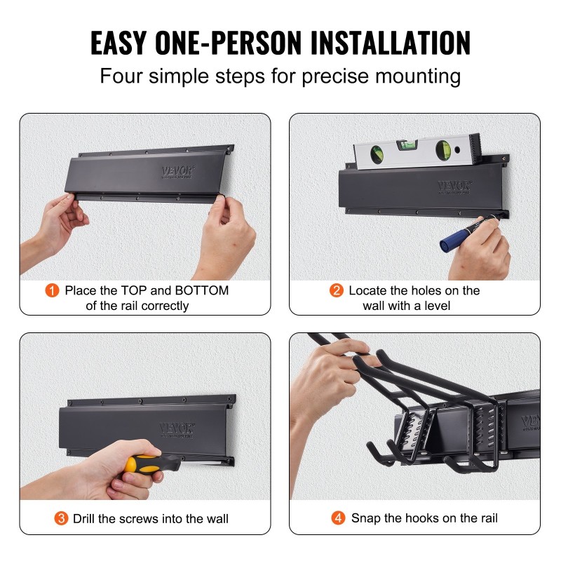 Seinäkiinnitteinen hiiliteräksinen työkaluteline 1222 mm 6 säädettävää koukkua 362,9 kg kantavuus