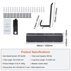 Seinäkiinnitteinen hiiliteräksinen työkaluteline 1222 mm 6 säädettävää koukkua 362,9 kg kantavuus