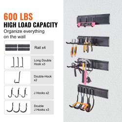 Seinäasennettava työkaluteline hiiliteräksestä neljä kiskoa ja kymmenen säädettävää koukkua puutarha ja autotallikäyttöön