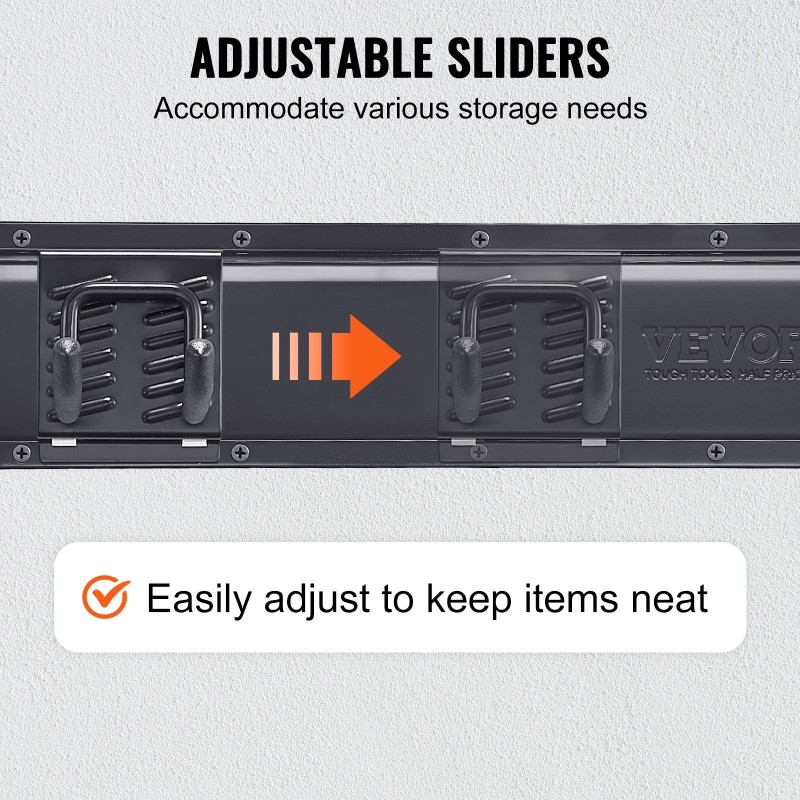 Seinäasennettava työkaluteline hiiliteräksestä neljä kiskoa ja kymmenen säädettävää koukkua puutarha ja autotallikäyttöön