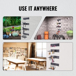 Seinäasennettava työkaluteline hiiliteräksestä neljä kiskoa ja kymmenen säädettävää koukkua puutarha ja autotallikäyttöön