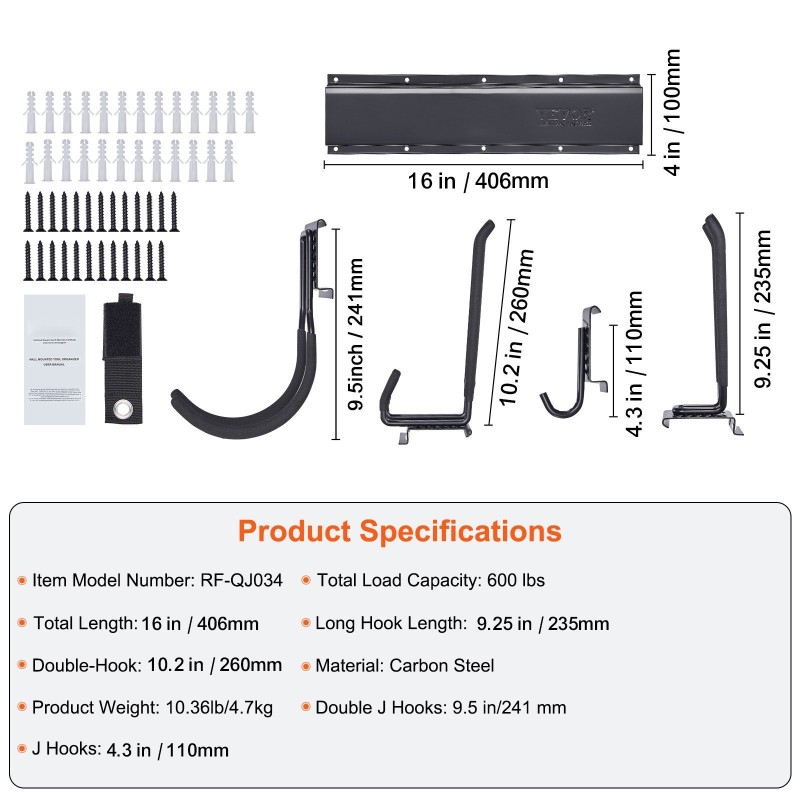 Seinäasennettava työkaluteline hiiliteräksestä neljä kiskoa ja kymmenen säädettävää koukkua puutarha ja autotallikäyttöön
