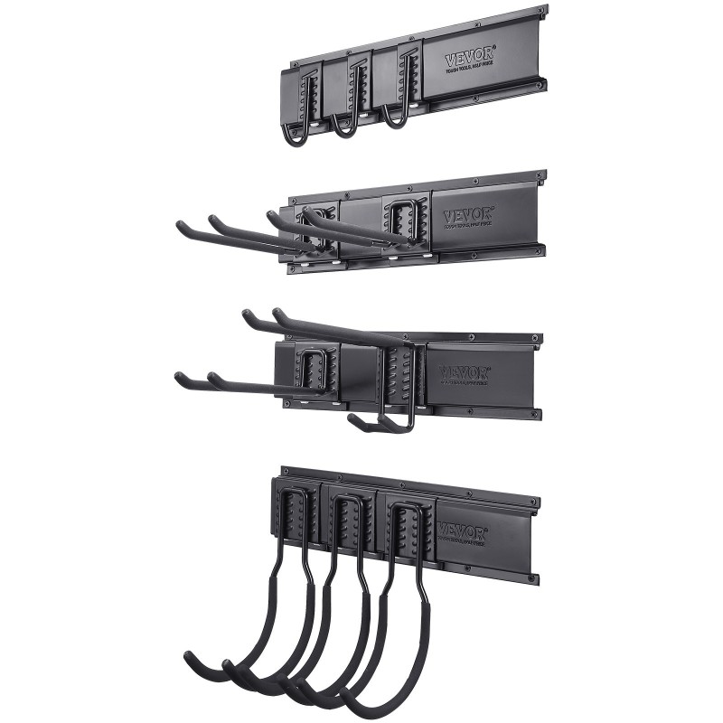 Seinäasennettava työkaluteline hiiliteräksestä neljä kiskoa ja kymmenen säädettävää koukkua puutarha ja autotallikäyttöön