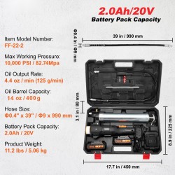 Akkukäyttöinen rasvaprässi 20V 2Ah 10000 PSI 990 mm letku 2 akkua