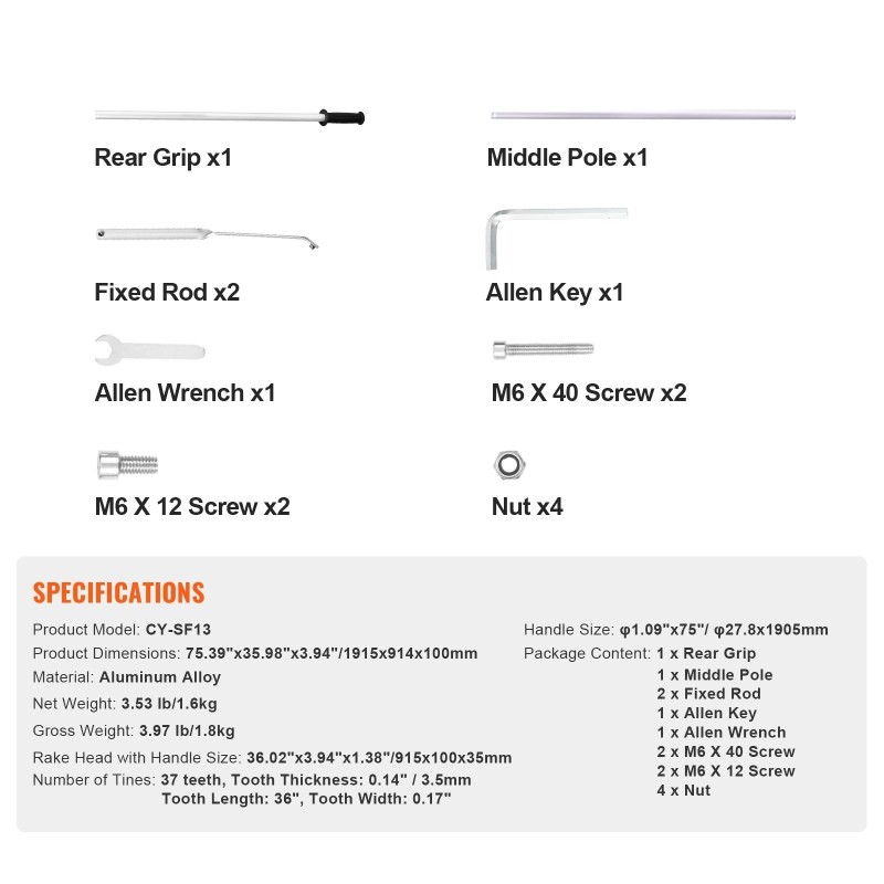 Maisemaharava alumiiniseoksesta 915 mm leveä haravapää 1915 mm varsi 37 piikkiä