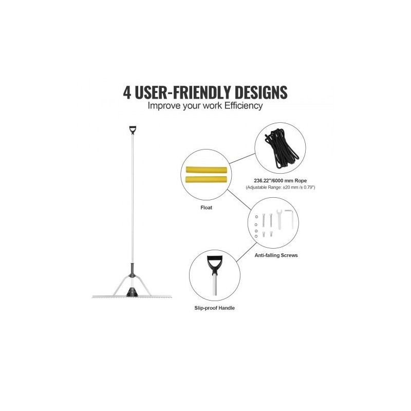 Maisemaharava alumiiniseos 915 mm harapää säädettävä 2600 mm varsi kelluke köysi