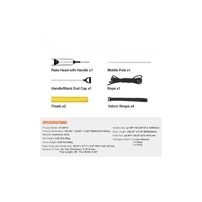 Maisemaharava alumiiniseos 915 mm harapää säädettävä 2600 mm varsi kelluke köysi