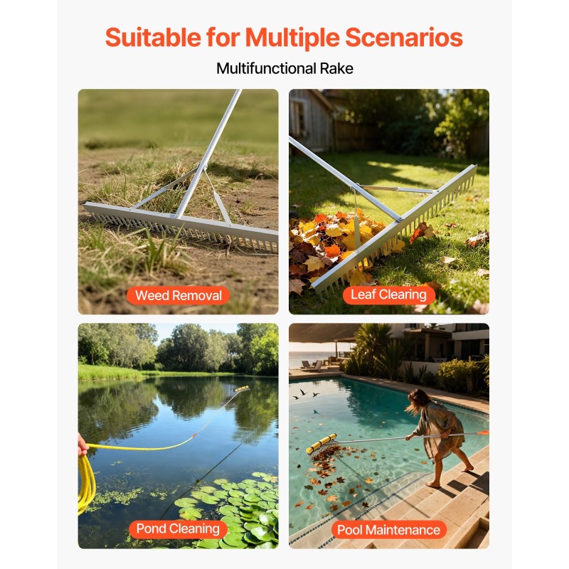 Maisemointiharava alumiinirunkoinen 914 mm leveä haravapää 3380 mm varsi 15,8 m köysi