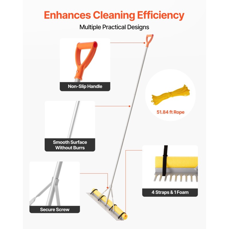 Maisemointiharava alumiinirunkoinen 914 mm leveä haravapää 3380 mm varsi 15,8 m köysi