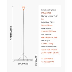 Maisemointiharava alumiinirunkoinen 914 mm leveä haravapää 3380 mm varsi 15,8 m köysi