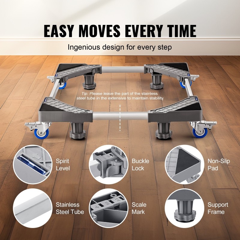 Säädettävä muovi ja teräsalusta pesukoneille ja jääkaapeille lukittavilla kääntöpyörillä 181 kilogramman kantavuus