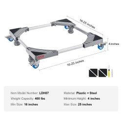 Säädettävä muovi ja teräsalusta pesukoneille ja jääkaapeille lukittavilla kääntöpyörillä 181 kilogramman kantavuus