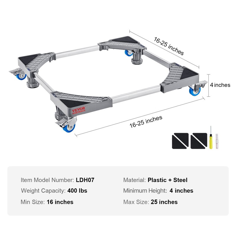 Säädettävä muovi ja teräsalusta pesukoneille ja jääkaapeille lukittavilla kääntöpyörillä 181 kilogramman kantavuus